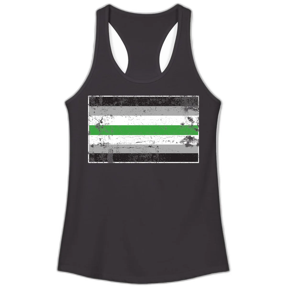 Demigender pride flag with black, gray, white, and green horizontal stripes in distressed grunge texture in Black