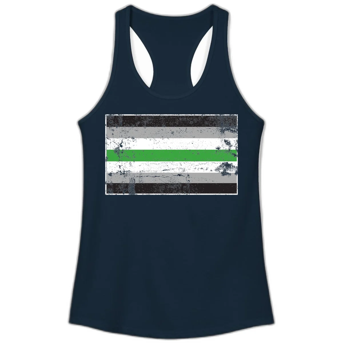 Demigender pride flag with black, gray, white, and green horizontal stripes in distressed grunge texture in Solid Midnight Navy