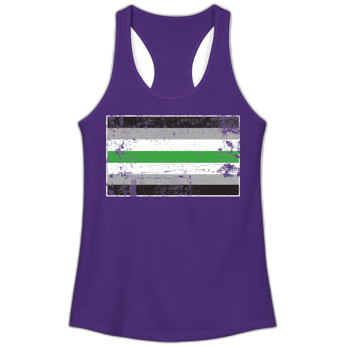 Demigender pride flag with black, gray, white, and green horizontal stripes in distressed grunge texture in Solid Purple Rush