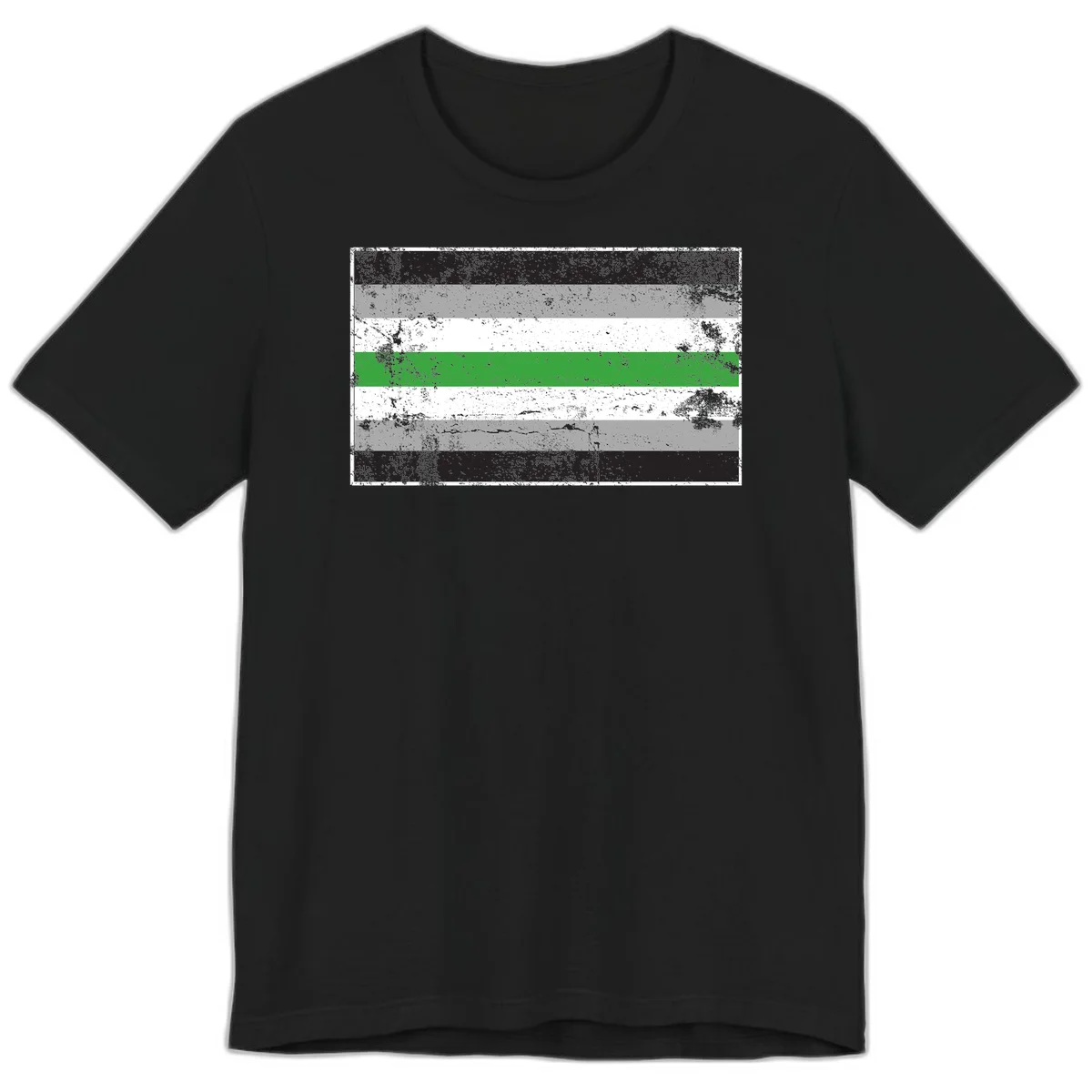 Demigender pride flag with black, gray, white, and green horizontal stripes in distressed grunge texture in Black