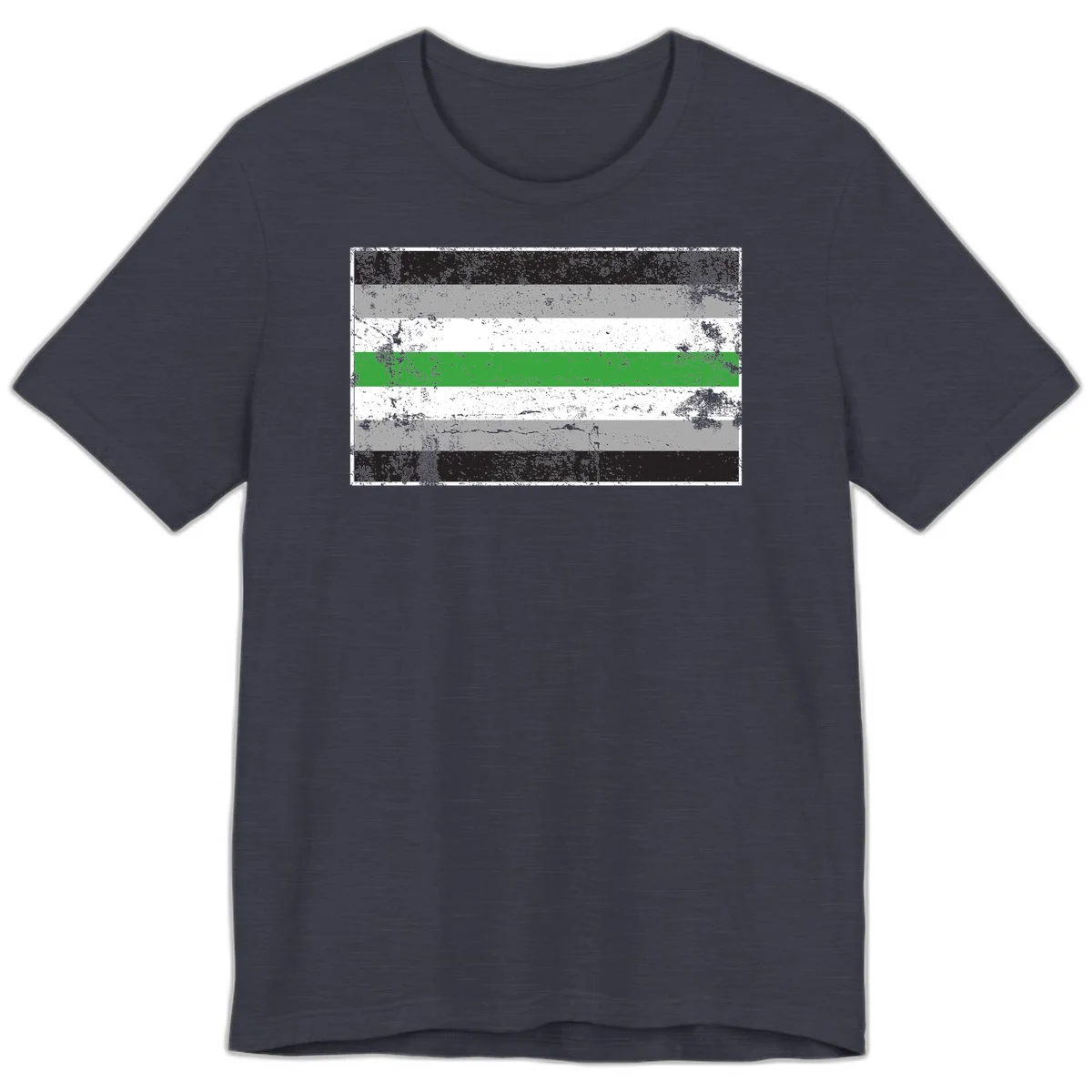 Demigender pride flag with black, gray, white, and green horizontal stripes in distressed grunge texture in Heather Midnight Navy