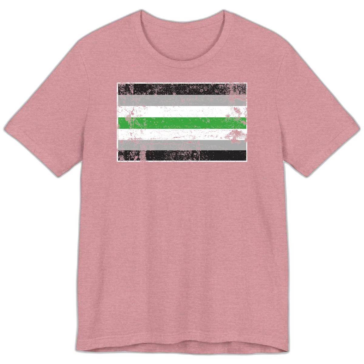 Demigender pride flag with black, gray, white, and green horizontal stripes in distressed grunge texture in Heather Orchid