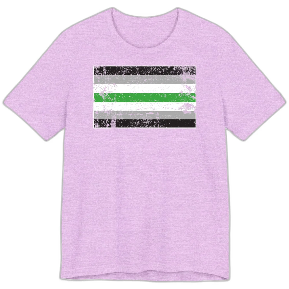 Demigender pride flag with black, gray, white, and green horizontal stripes in distressed grunge texture in Heather Prism Lilac