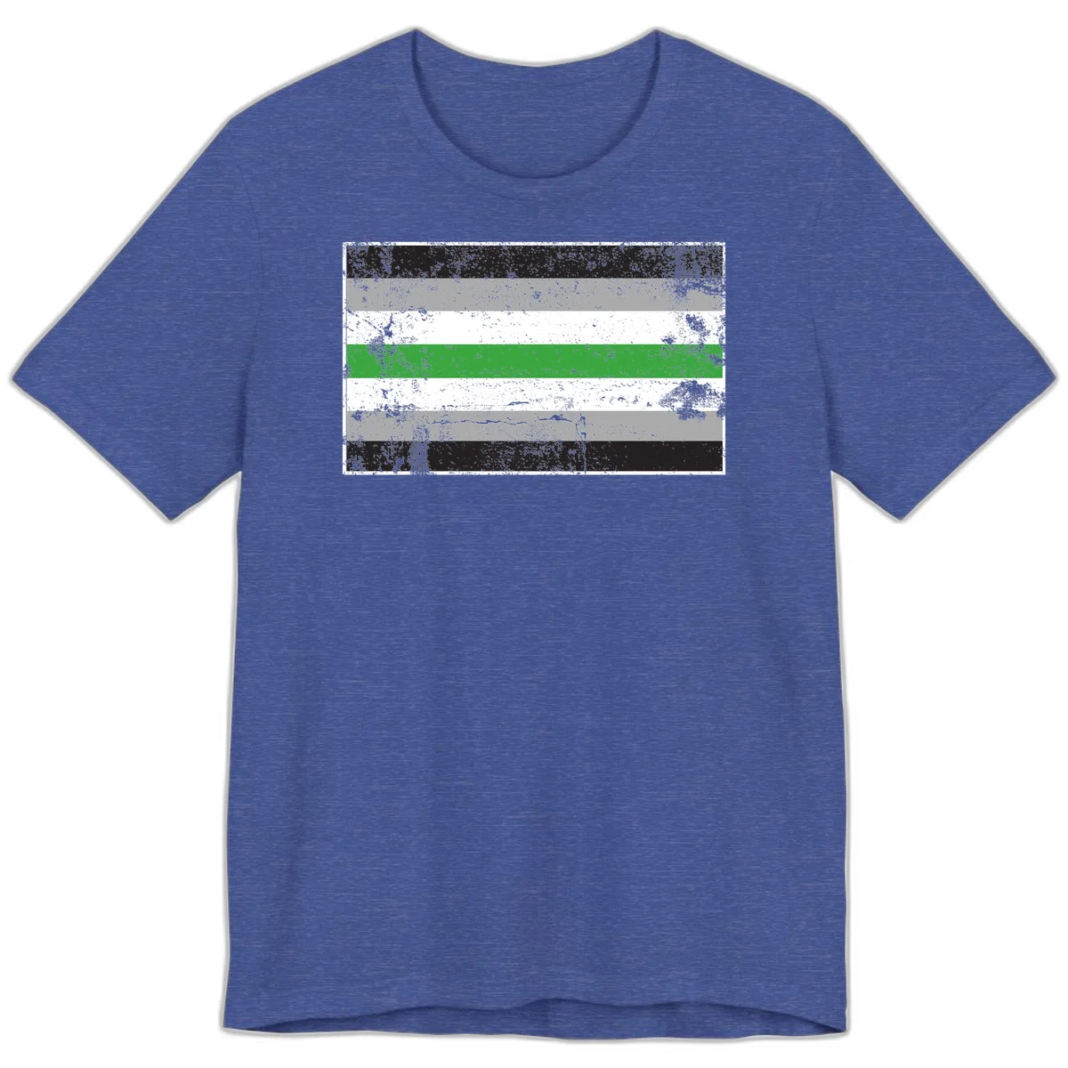 Demigender pride flag with black, gray, white, and green horizontal stripes in distressed grunge texture in Heather True Royal