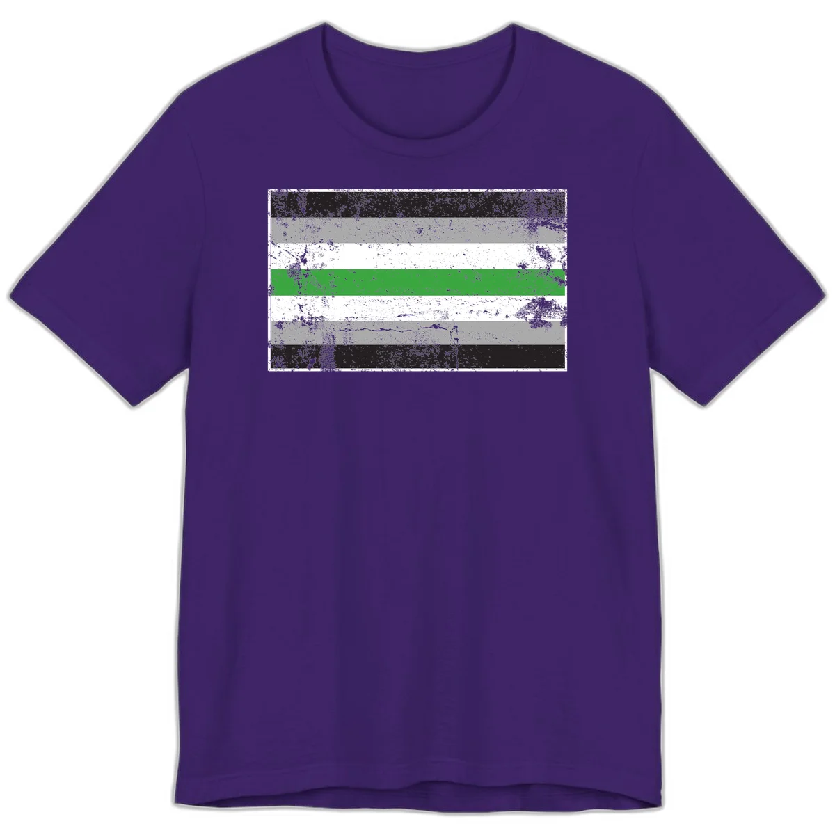 Demigender pride flag with black, gray, white, and green horizontal stripes in distressed grunge texture in Team Purple
