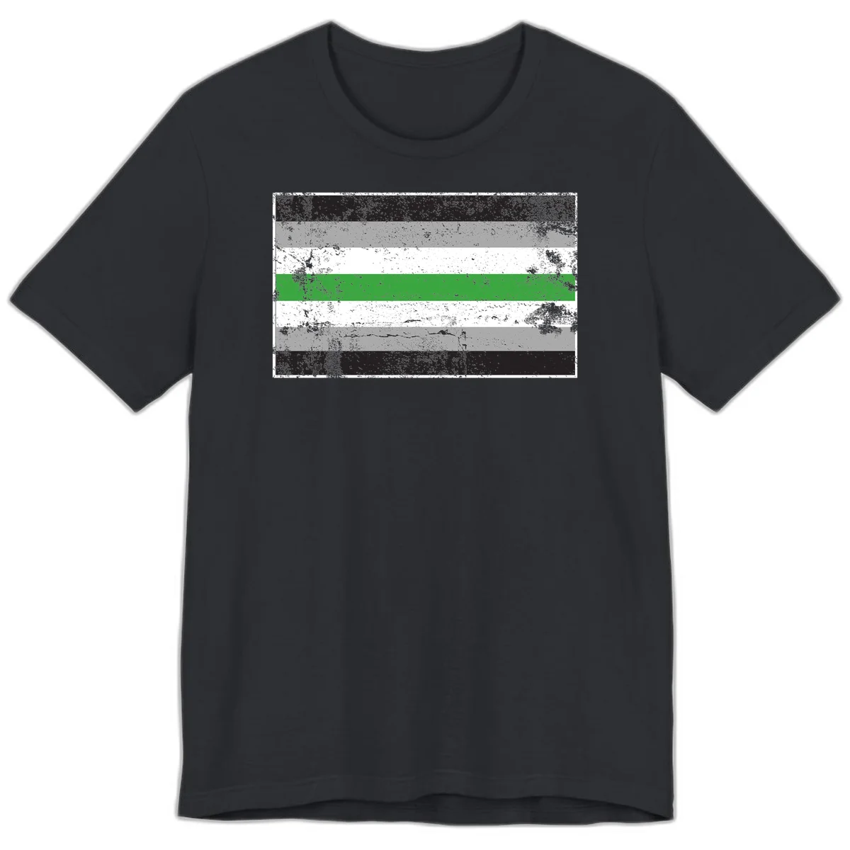 Demigender pride flag with black, gray, white, and green horizontal stripes in distressed grunge texture in Vintage Black