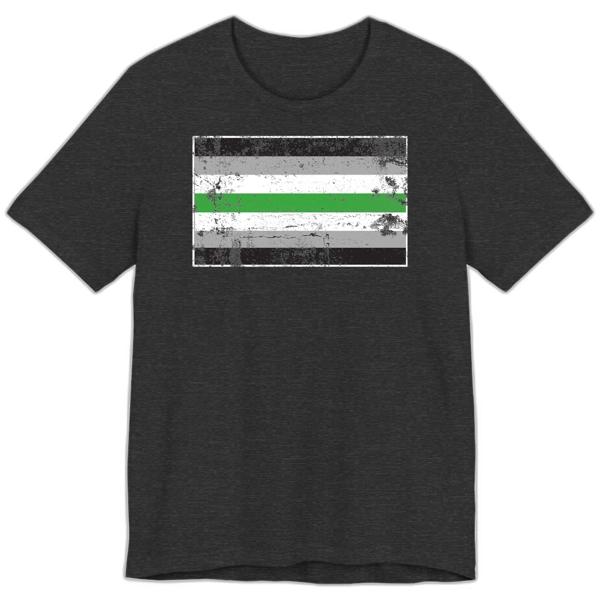 Demigender pride flag with black, gray, white, and green horizontal stripes in distressed grunge texture in Dark Grey Heather