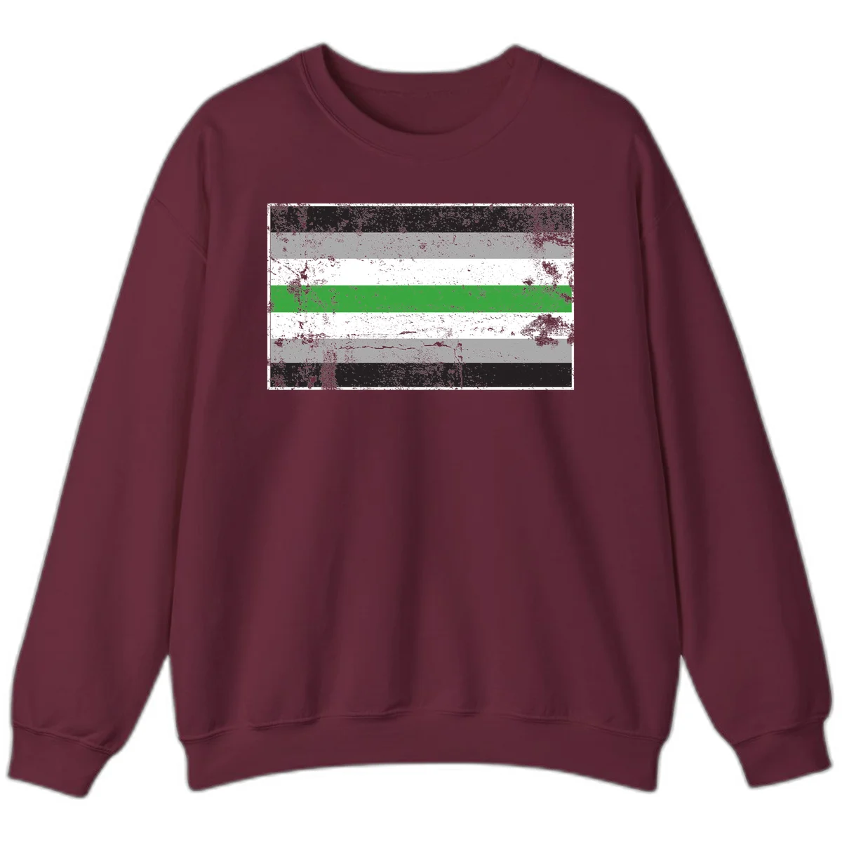 Demigender pride flag with black, gray, white, and green horizontal stripes in distressed grunge texture in Maroon