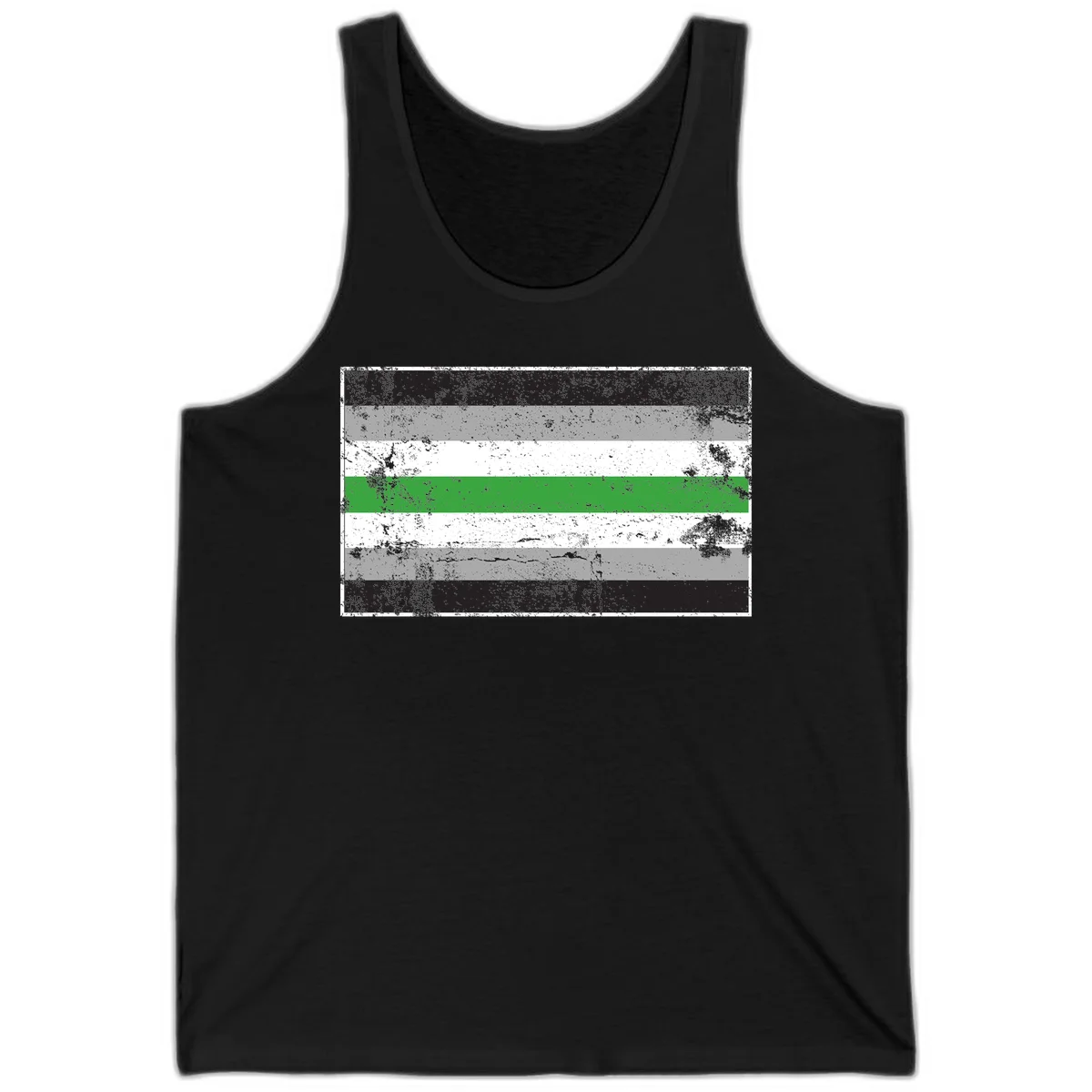 Demigender pride flag with black, gray, white, and green horizontal stripes in distressed grunge texture in Black