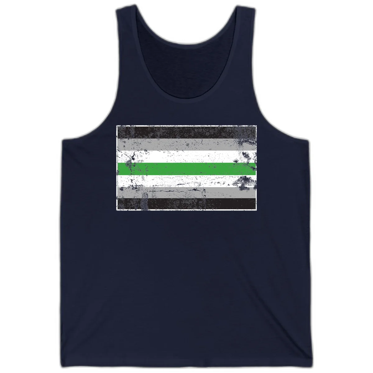 Demigender pride flag with black, gray, white, and green horizontal stripes in distressed grunge texture in Navy