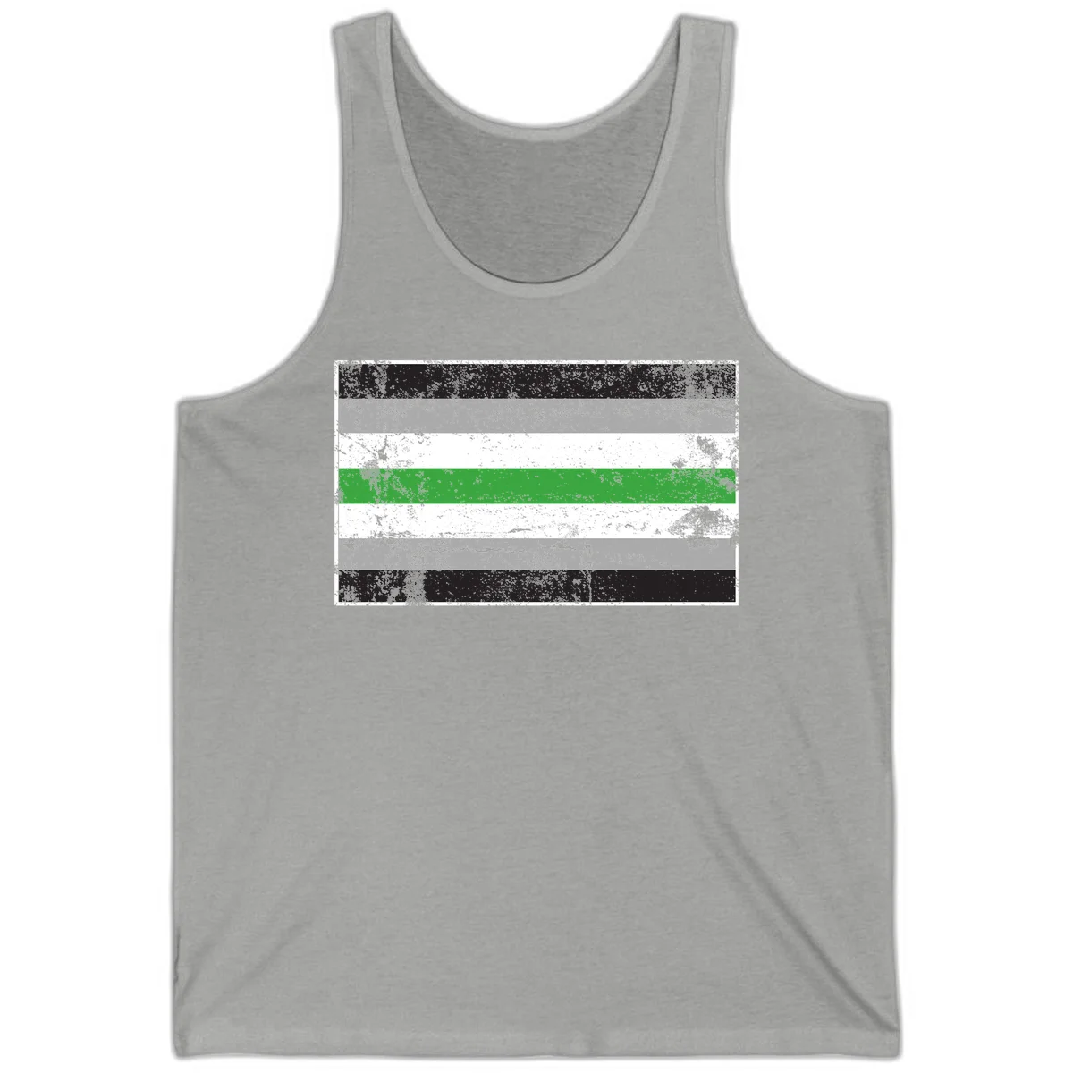Demigender pride flag with black, gray, white, and green horizontal stripes in distressed grunge texture in Athletic Heather