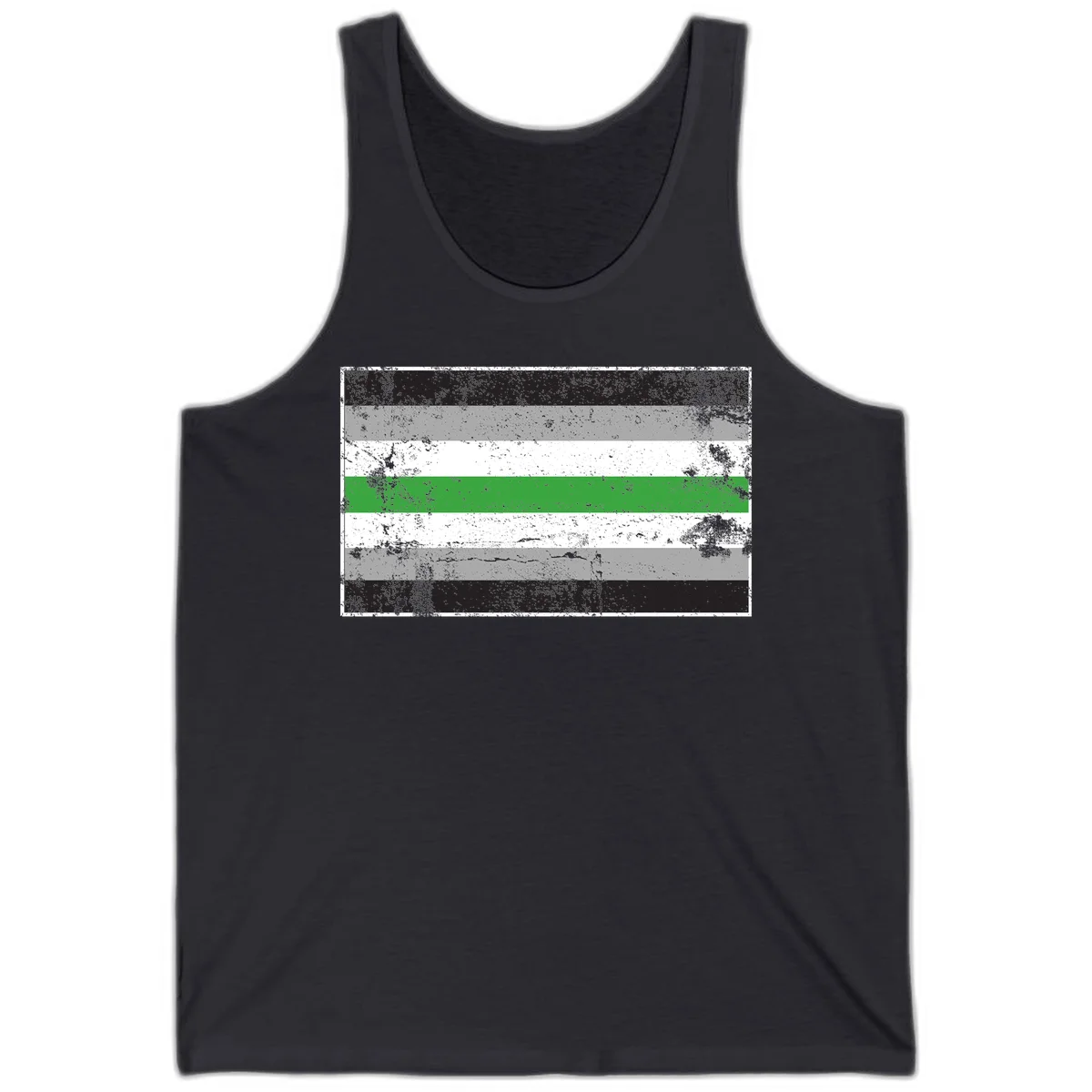 Demigender pride flag with black, gray, white, and green horizontal stripes in distressed grunge texture in Dark Grey