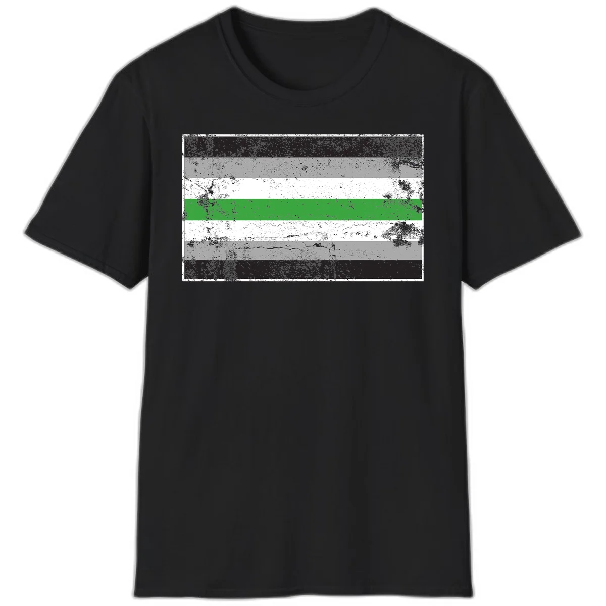 Demigender pride flag with black, gray, white, and green horizontal stripes in distressed grunge texture in Black