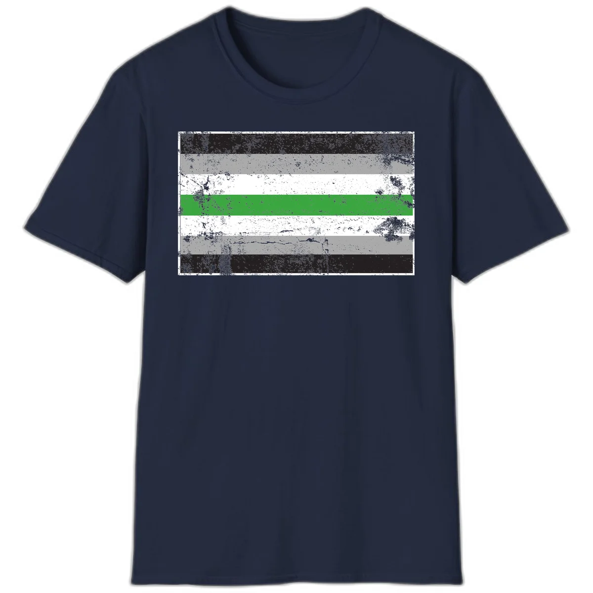Demigender pride flag with black, gray, white, and green horizontal stripes in distressed grunge texture in Navy
