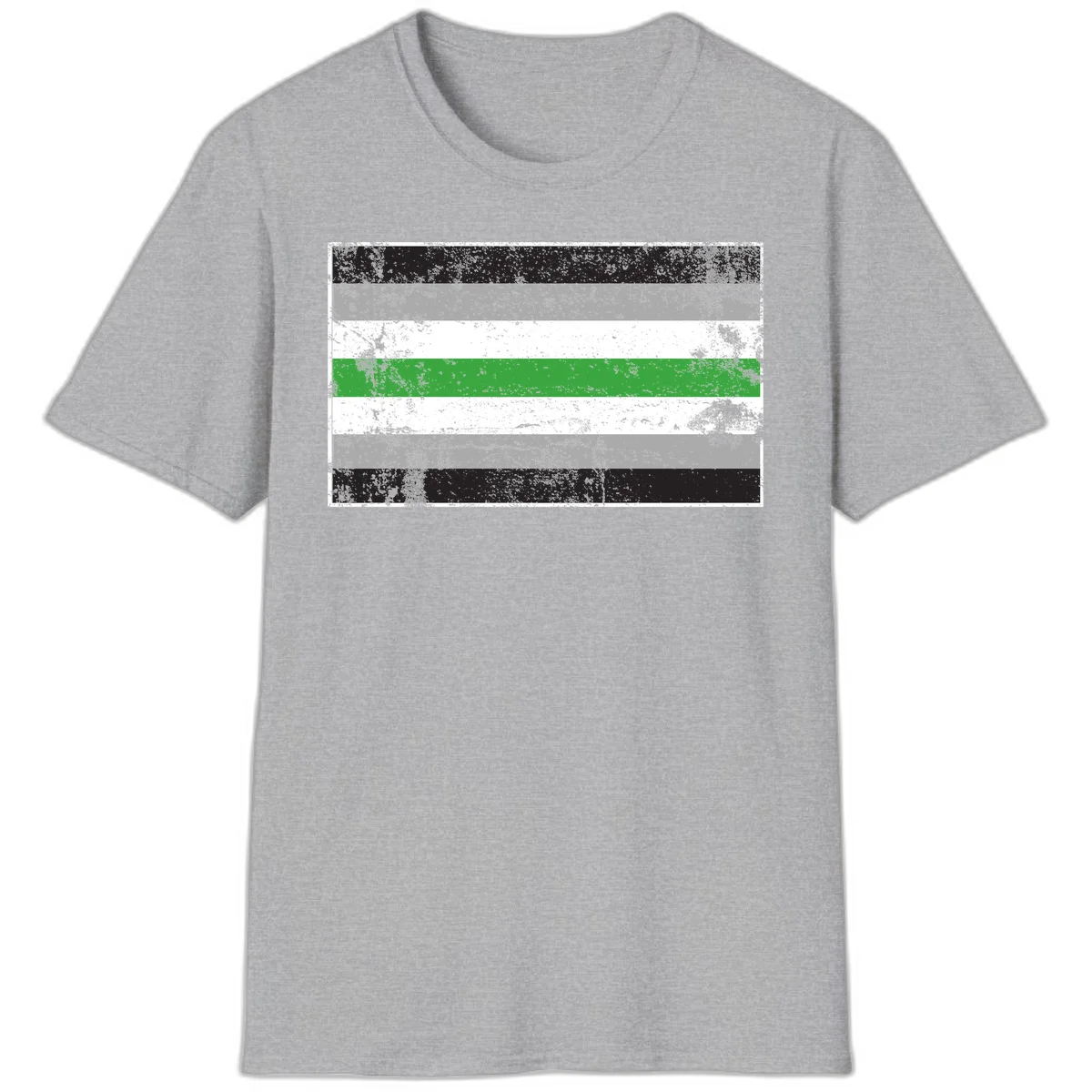 Demigender pride flag with black, gray, white, and green horizontal stripes in distressed grunge texture in Sport Grey