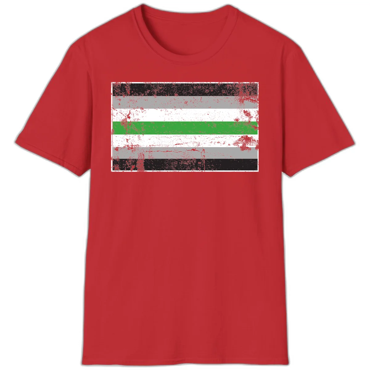 Demigender pride flag with black, gray, white, and green horizontal stripes in distressed grunge texture in Red