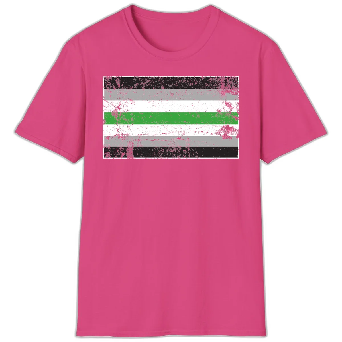 Demigender pride flag with black, gray, white, and green horizontal stripes in distressed grunge texture in Heliconia