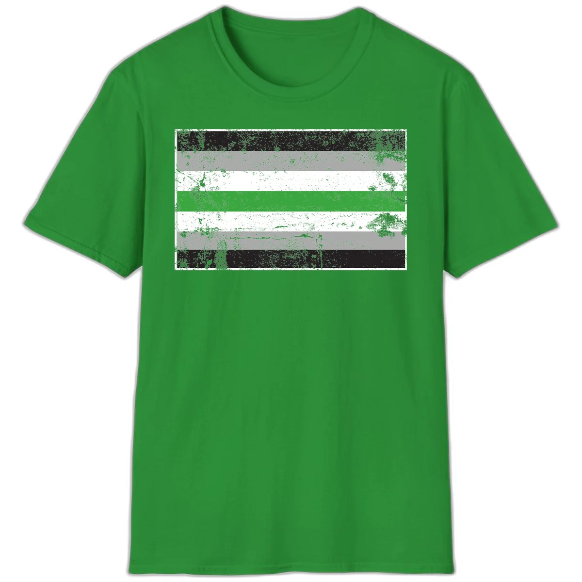 Demigender pride flag with black, gray, white, and green horizontal stripes in distressed grunge texture in Irish Green