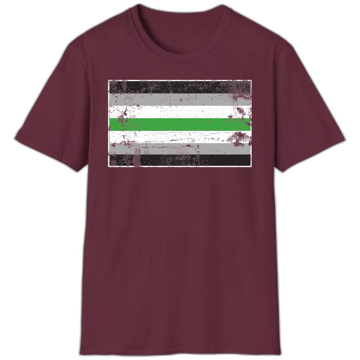 Demigender pride flag with black, gray, white, and green horizontal stripes in distressed grunge texture in Maroon