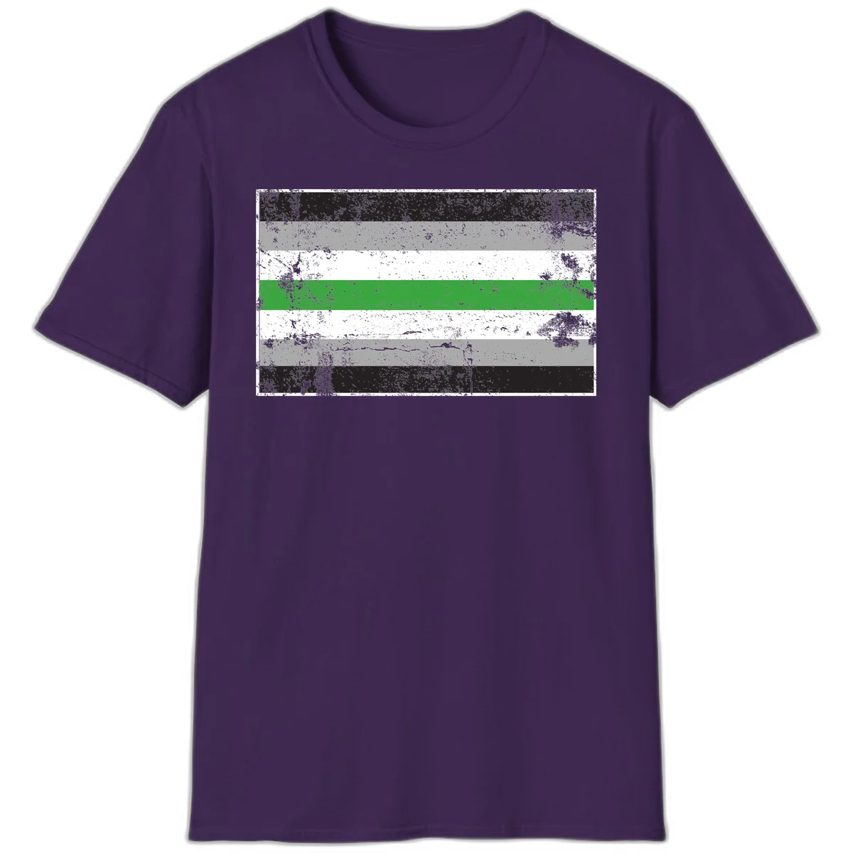 Demigender pride flag with black, gray, white, and green horizontal stripes in distressed grunge texture in Purple