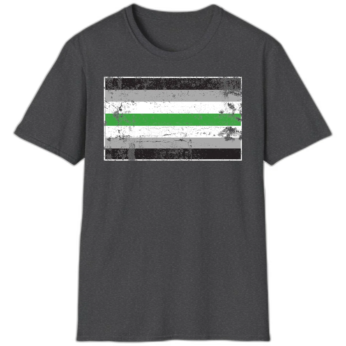 Demigender pride flag with black, gray, white, and green horizontal stripes in distressed grunge texture in Dark Heather