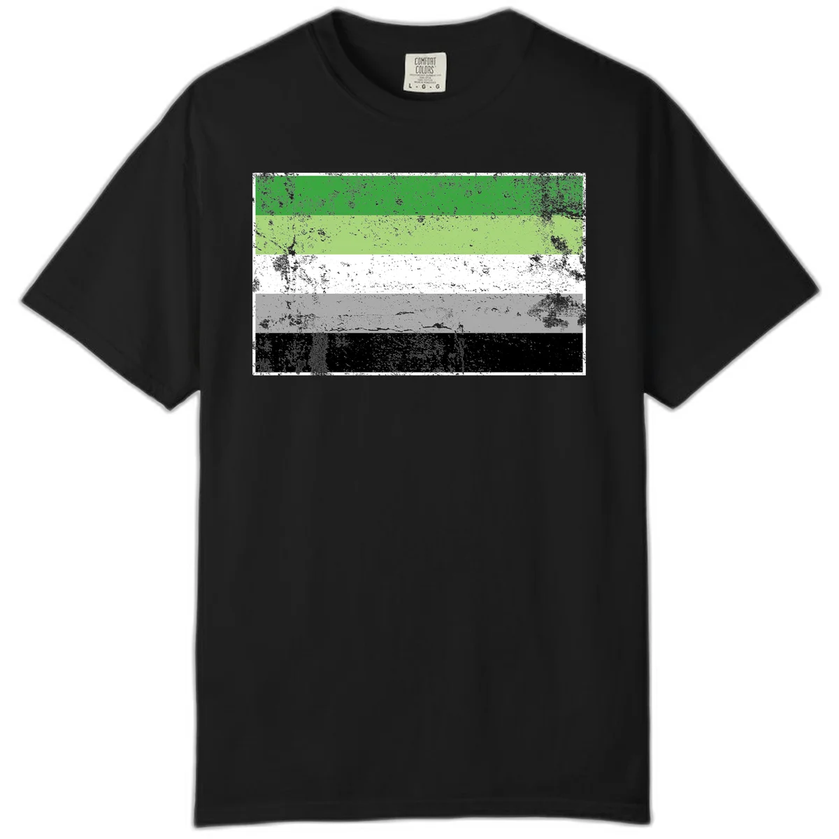 Demigender pride flag with five horizontal stripes in green, white, gray, and black with distressed grunge texture in Black