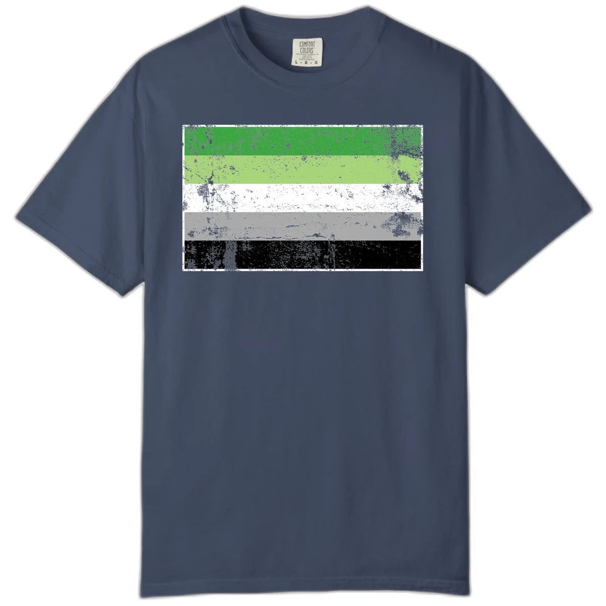 Demigender pride flag with five horizontal stripes in green, white, gray, and black with distressed grunge texture in Midnight