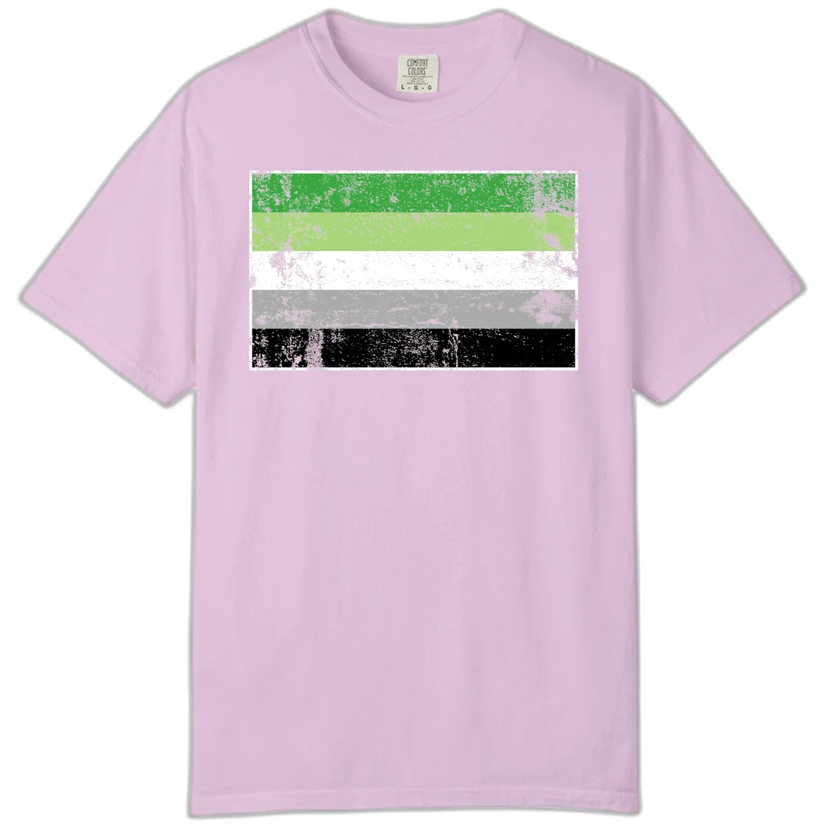 Demigender pride flag with five horizontal stripes in green, white, gray, and black with distressed grunge texture in Orchid
