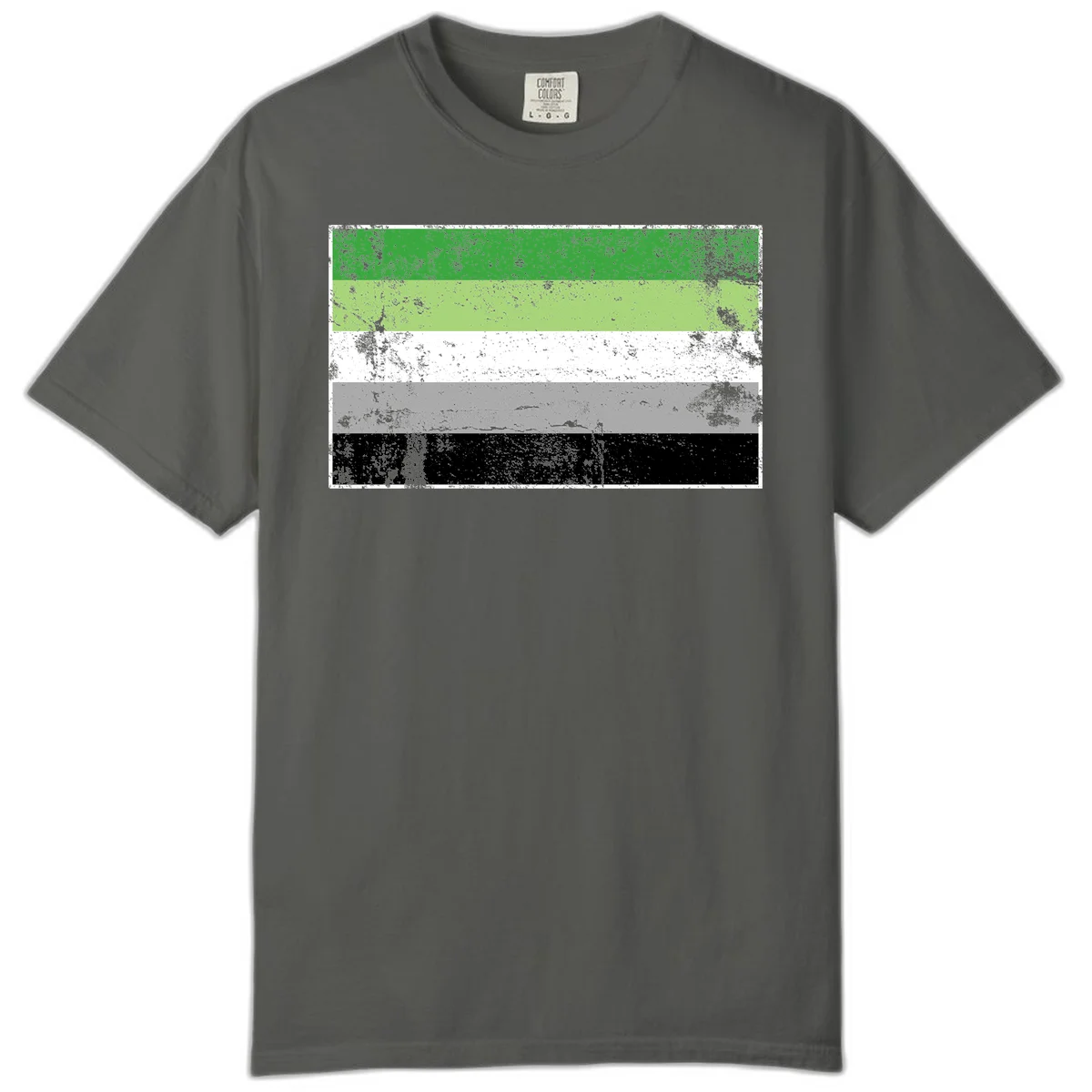 Demigender pride flag with five horizontal stripes in green, white, gray, and black with distressed grunge texture in Pepper