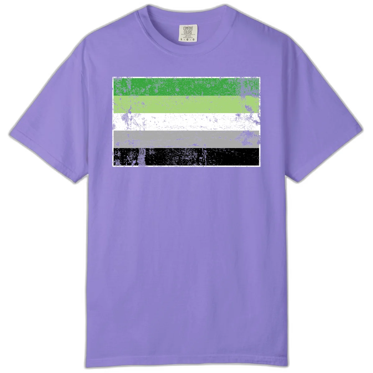 Demigender pride flag with five horizontal stripes in green, white, gray, and black with distressed grunge texture in Violet