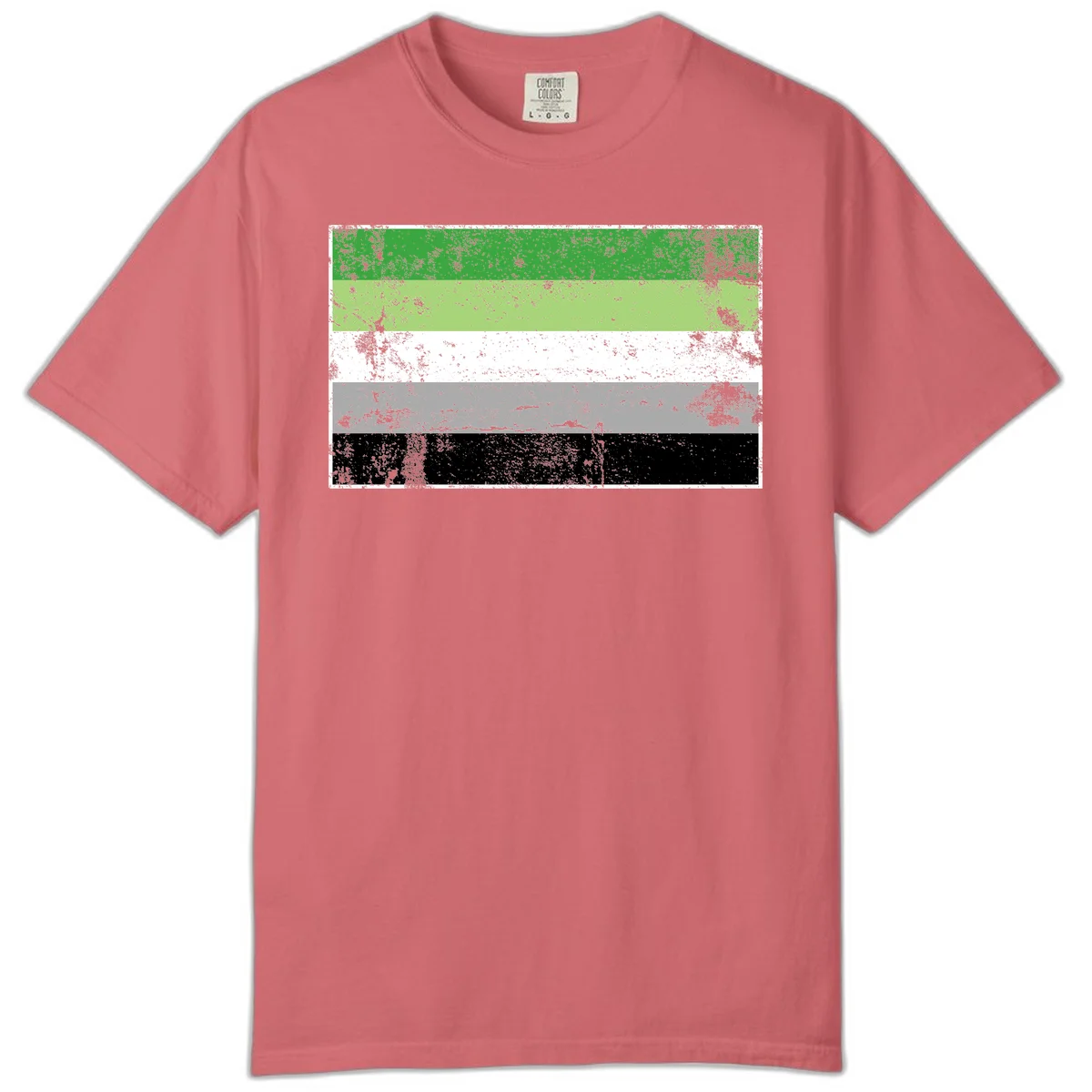 Demigender pride flag with five horizontal stripes in green, white, gray, and black with distressed grunge texture in Watermelon