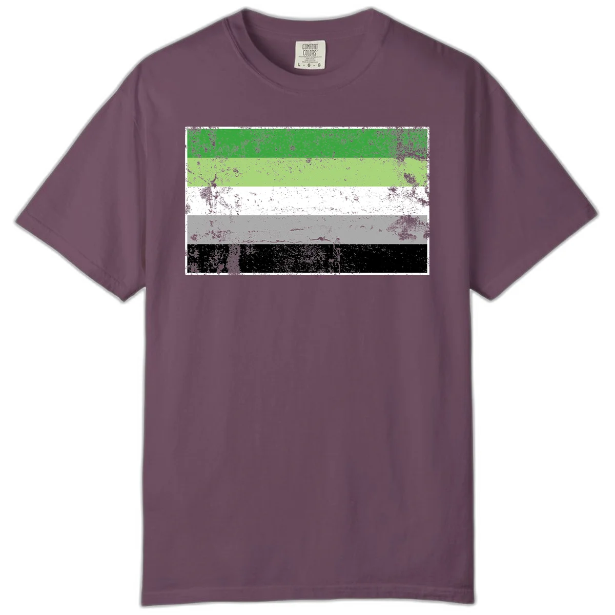 Demigender pride flag with five horizontal stripes in green, white, gray, and black with distressed grunge texture in Berry