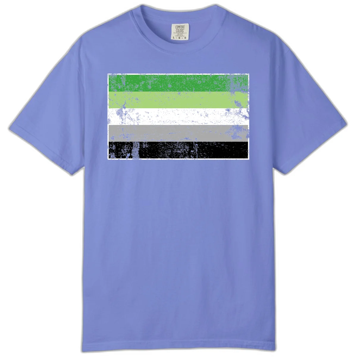Demigender pride flag with five horizontal stripes in green, white, gray, and black with distressed grunge texture in Flo Blue