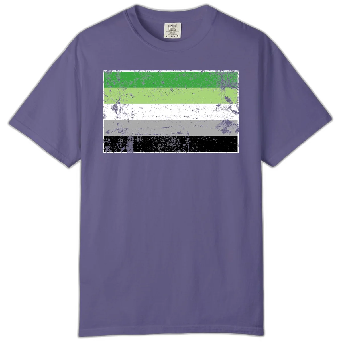 Demigender pride flag with five horizontal stripes in green, white, gray, and black with distressed grunge texture in Grape
