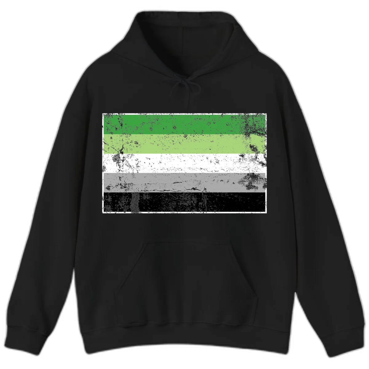 Demigender pride flag with five horizontal stripes in green, white, gray, and black with distressed grunge texture in Black