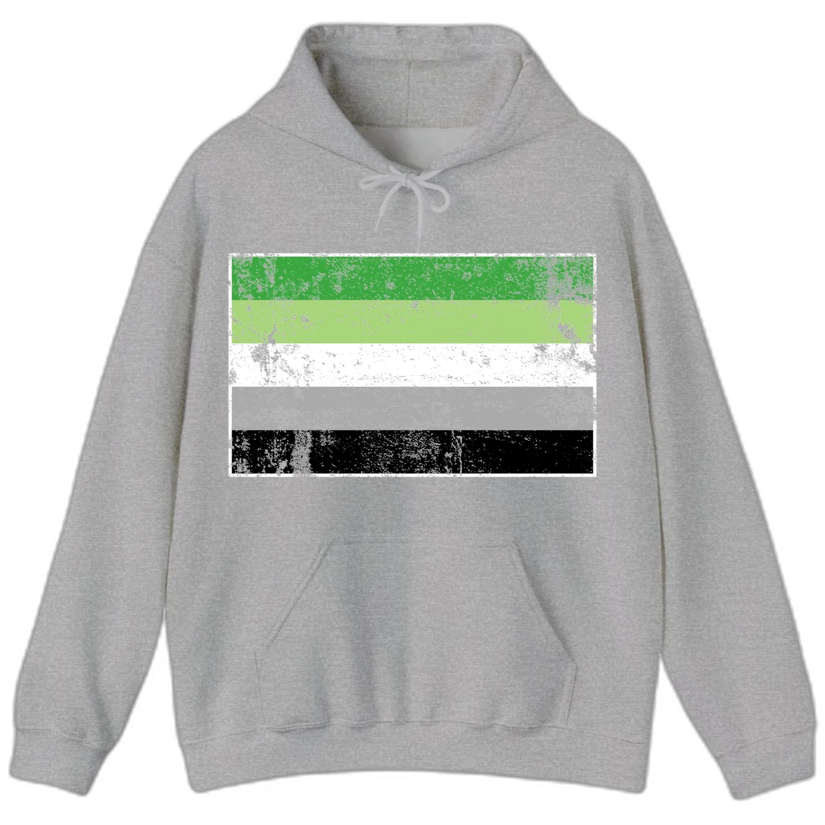 Demigender pride flag with five horizontal stripes in green, white, gray, and black with distressed grunge texture in Sport Grey