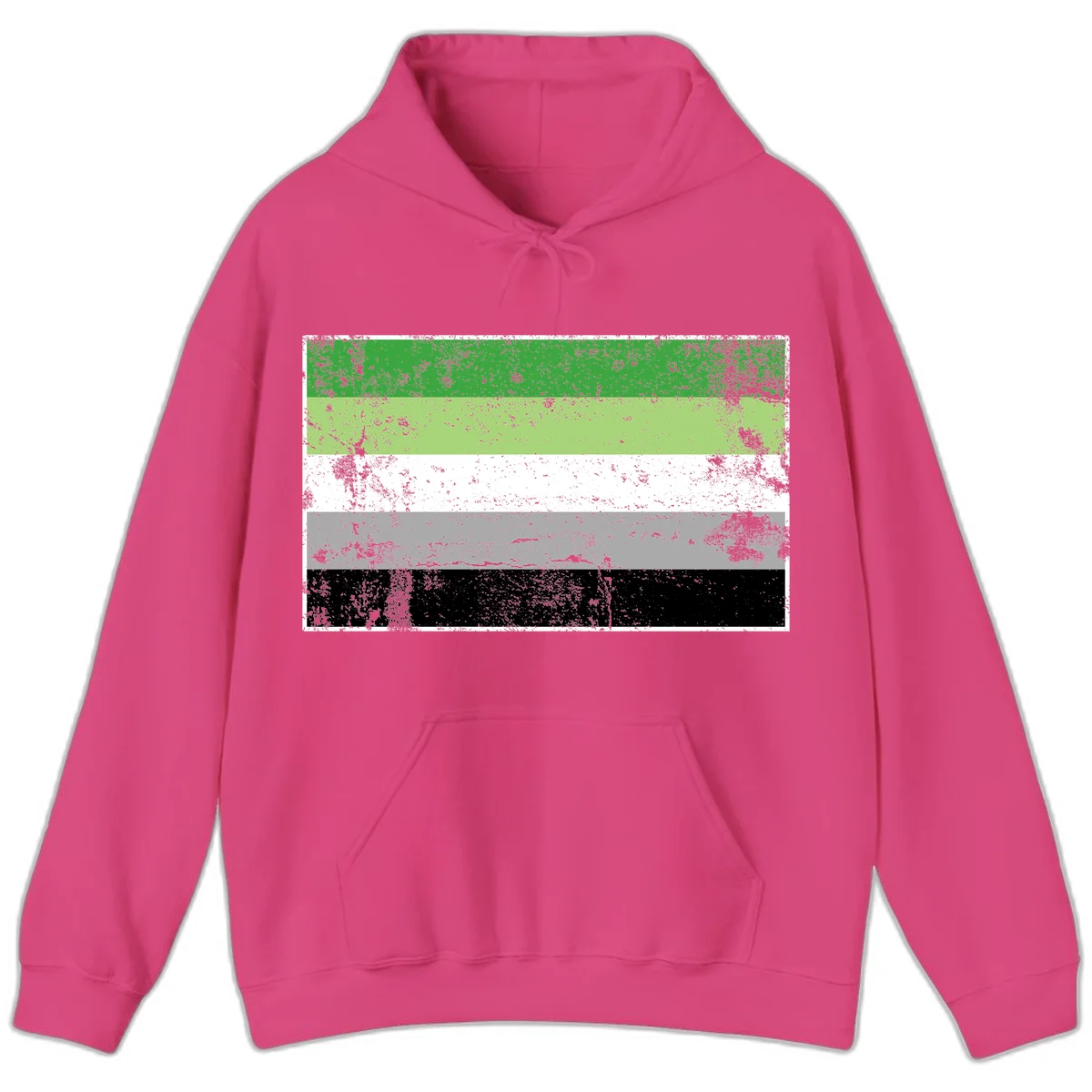 Demigender pride flag with five horizontal stripes in green, white, gray, and black with distressed grunge texture in Heliconia