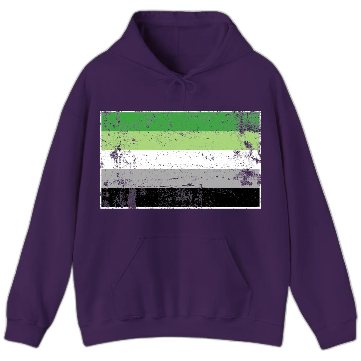 Demigender pride flag with five horizontal stripes in green, white, gray, and black with distressed grunge texture in Purple
