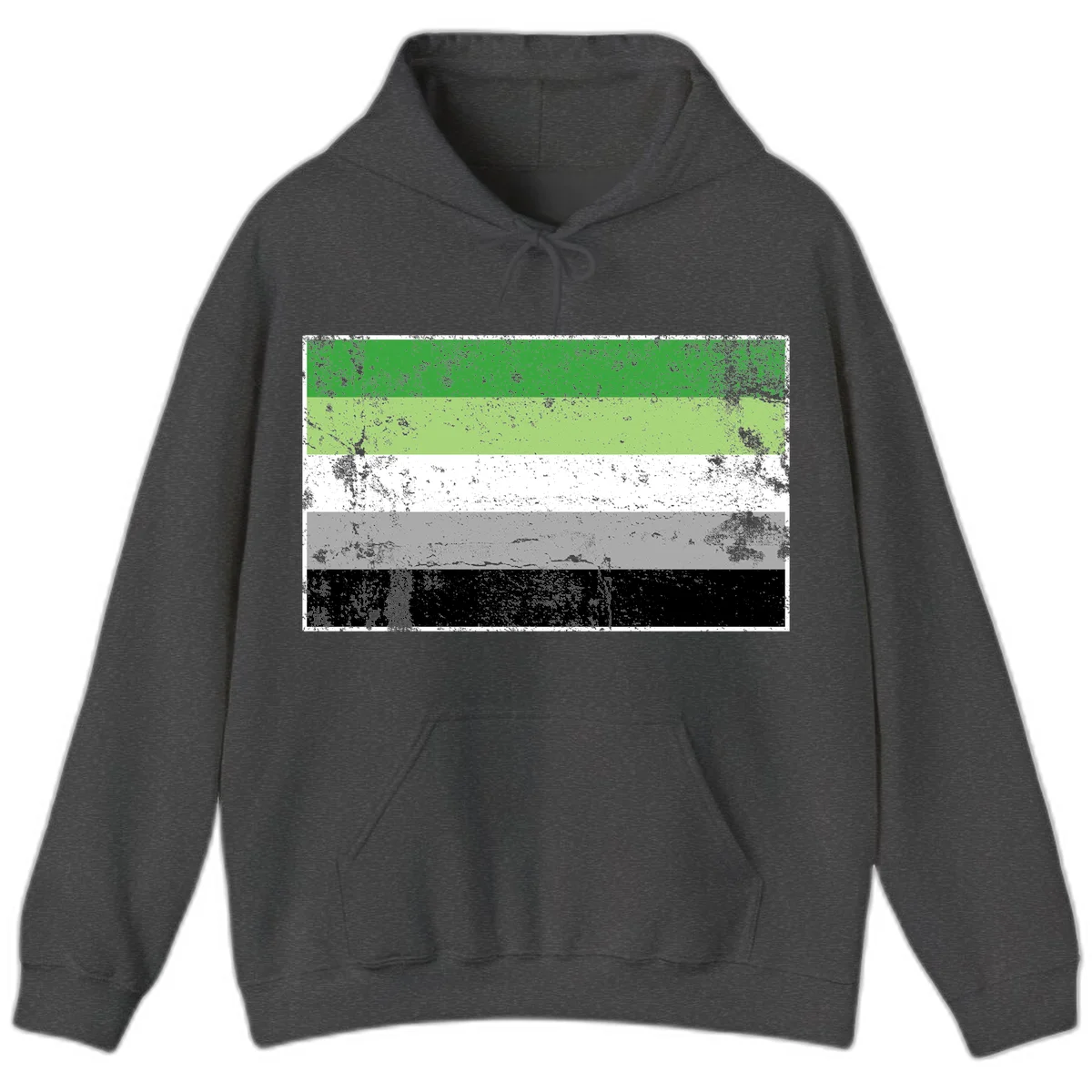 Demigender pride flag with five horizontal stripes in green, white, gray, and black with distressed grunge texture in Dark Heather
