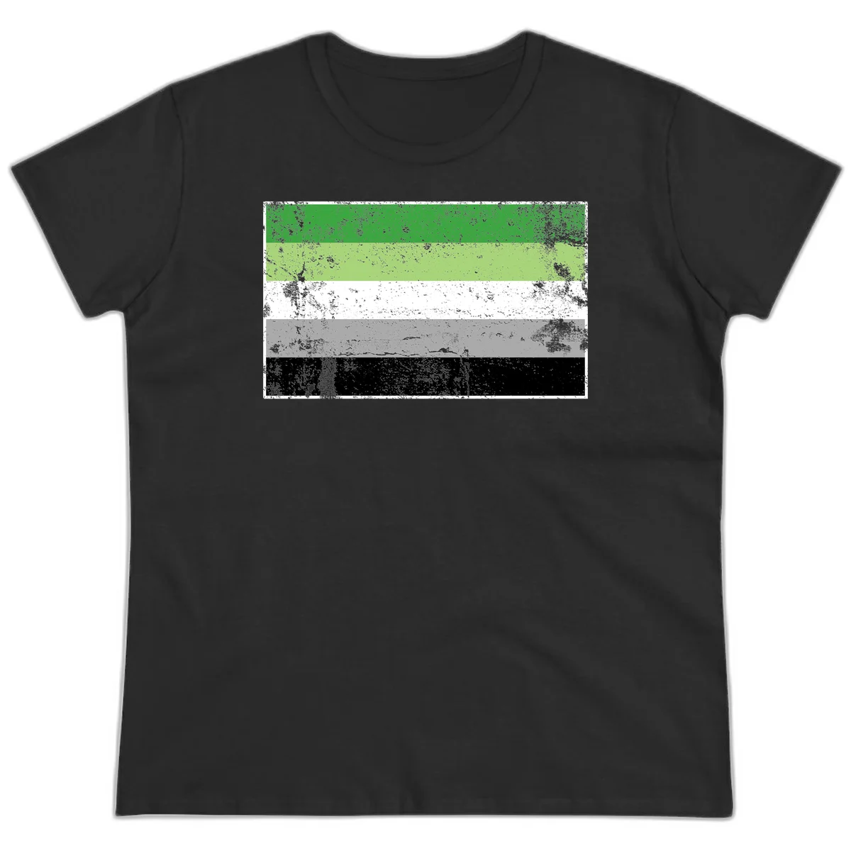 Demigender pride flag with five horizontal stripes in green, white, gray, and black with distressed grunge texture in Black