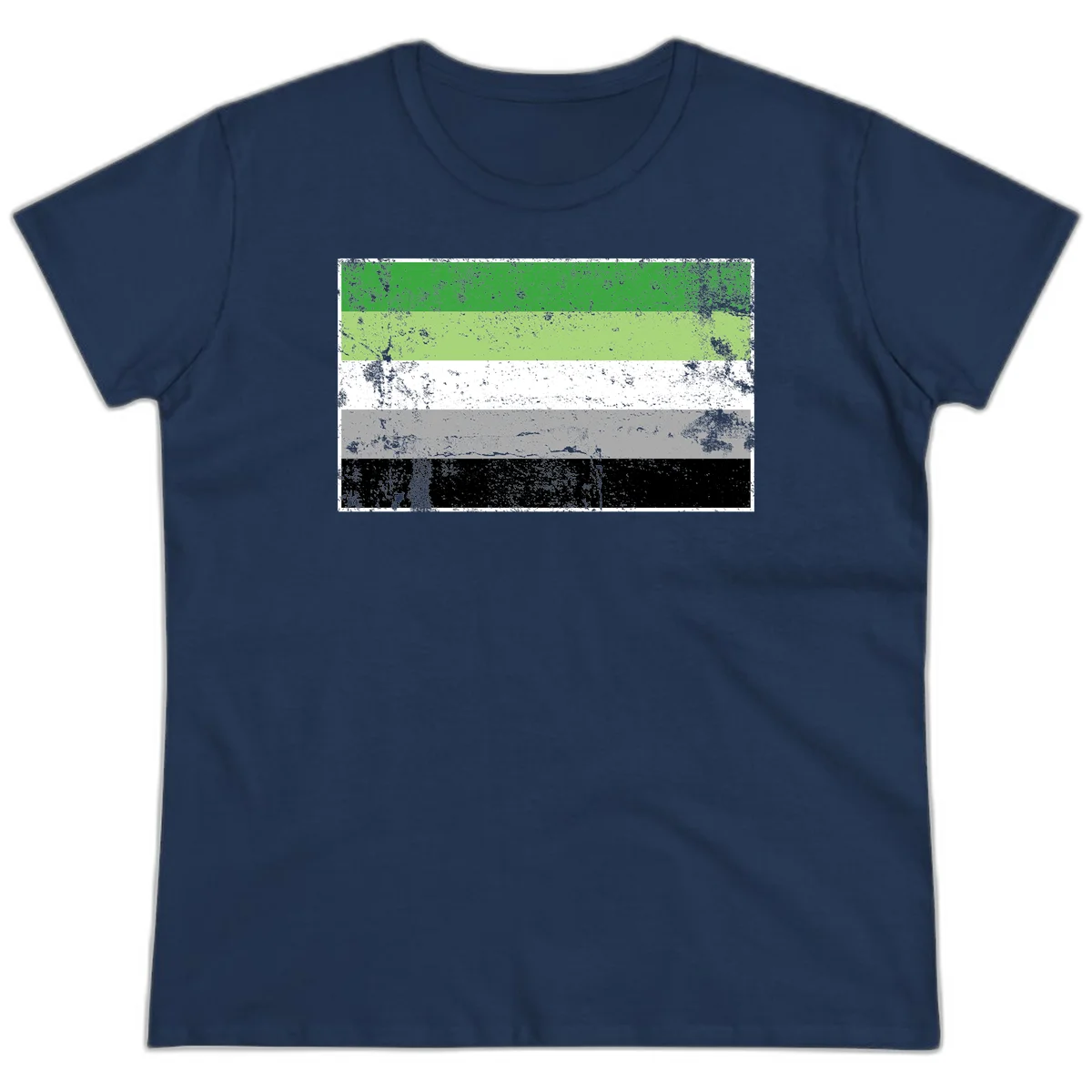 Demigender pride flag with five horizontal stripes in green, white, gray, and black with distressed grunge texture in Navy