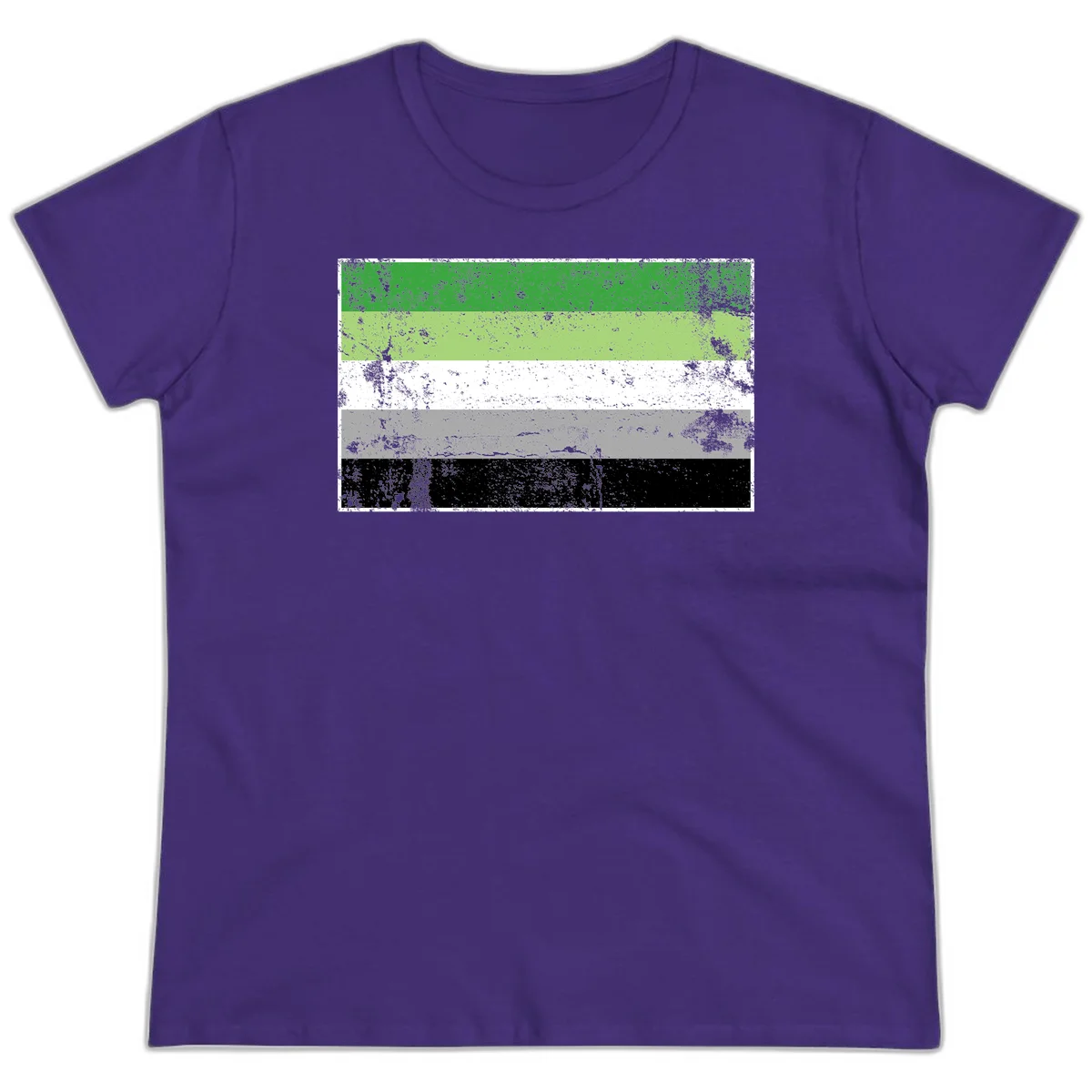 Demigender pride flag with five horizontal stripes in green, white, gray, and black with distressed grunge texture in Purple