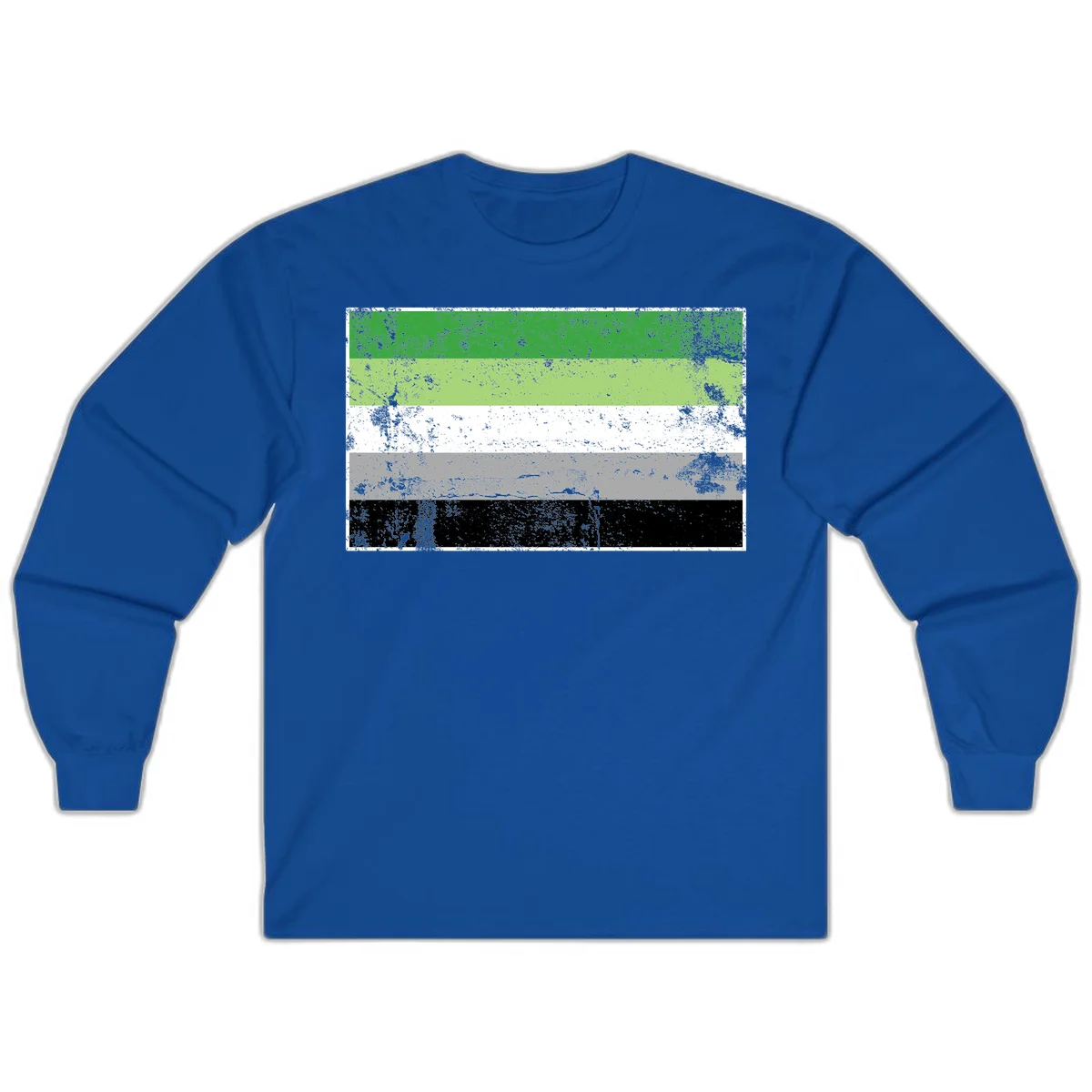 Demigender pride flag with five horizontal stripes in green, white, gray, and black with distressed grunge texture in Royal