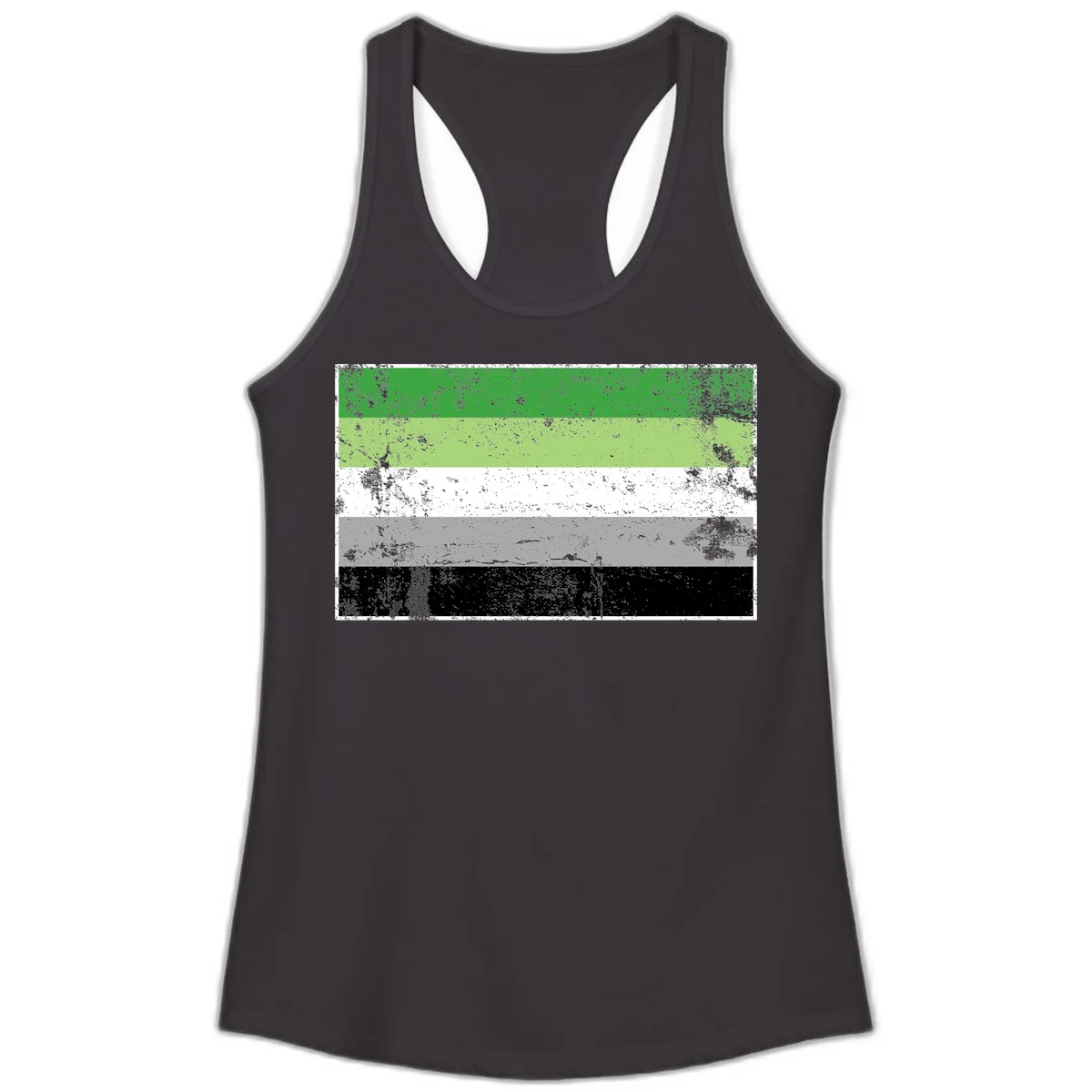 Demigender pride flag with five horizontal stripes in green, white, gray, and black with distressed grunge texture in Black