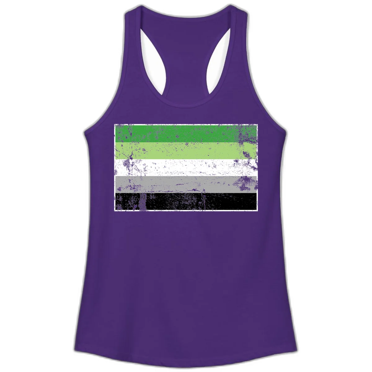 Demigender pride flag with five horizontal stripes in green, white, gray, and black with distressed grunge texture in Solid Purple Rush