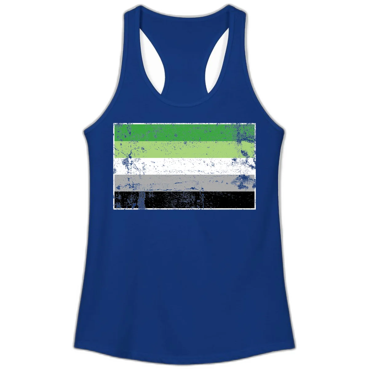 Demigender pride flag with five horizontal stripes in green, white, gray, and black with distressed grunge texture in Solid Royal