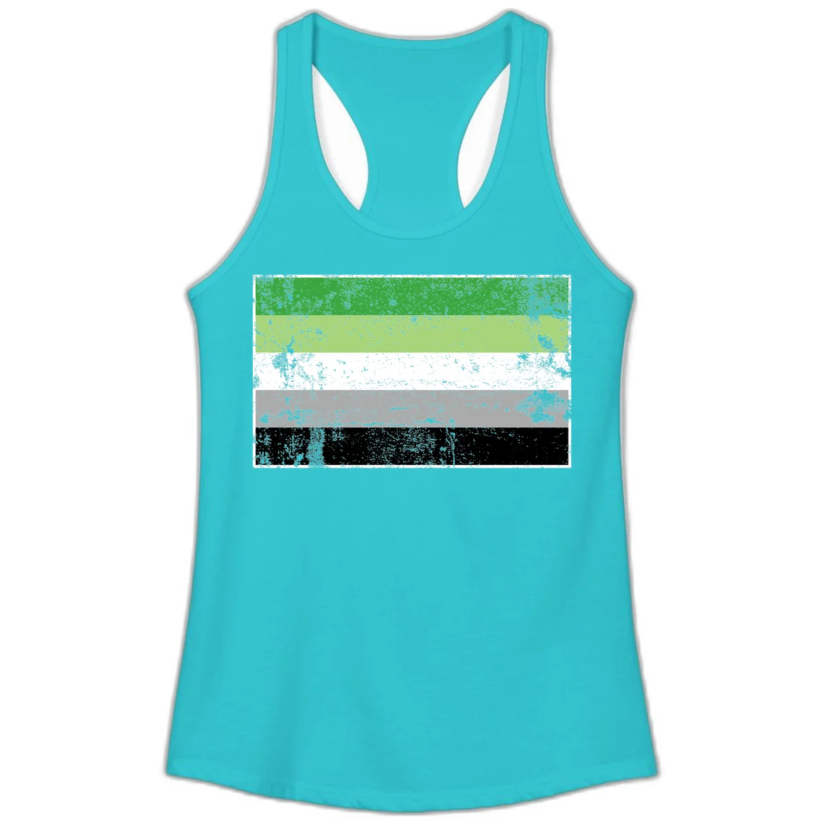 Demigender pride flag with five horizontal stripes in green, white, gray, and black with distressed grunge texture in Solid Tahiti Blue