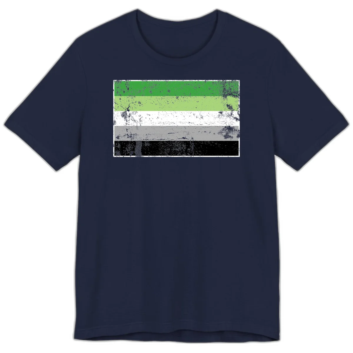 Demigender pride flag with five horizontal stripes in green, white, gray, and black with distressed grunge texture in Navy