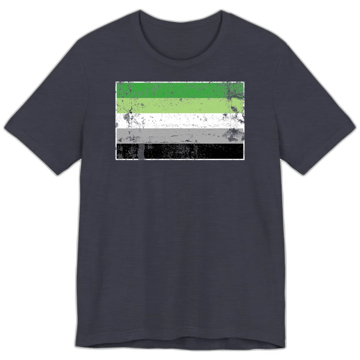 Demigender pride flag with five horizontal stripes in green, white, gray, and black with distressed grunge texture in Heather Midnight Navy