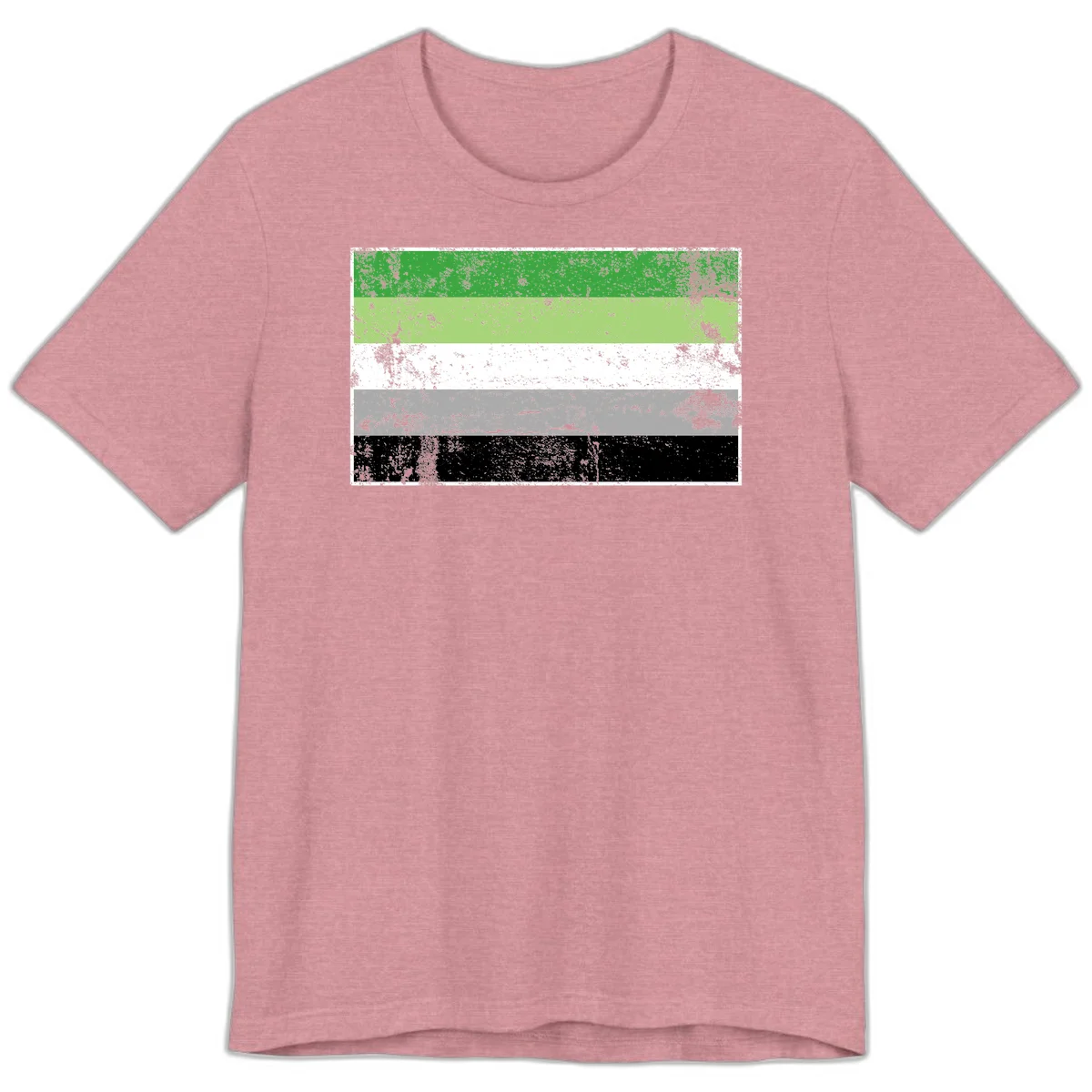Demigender pride flag with five horizontal stripes in green, white, gray, and black with distressed grunge texture in Heather Orchid